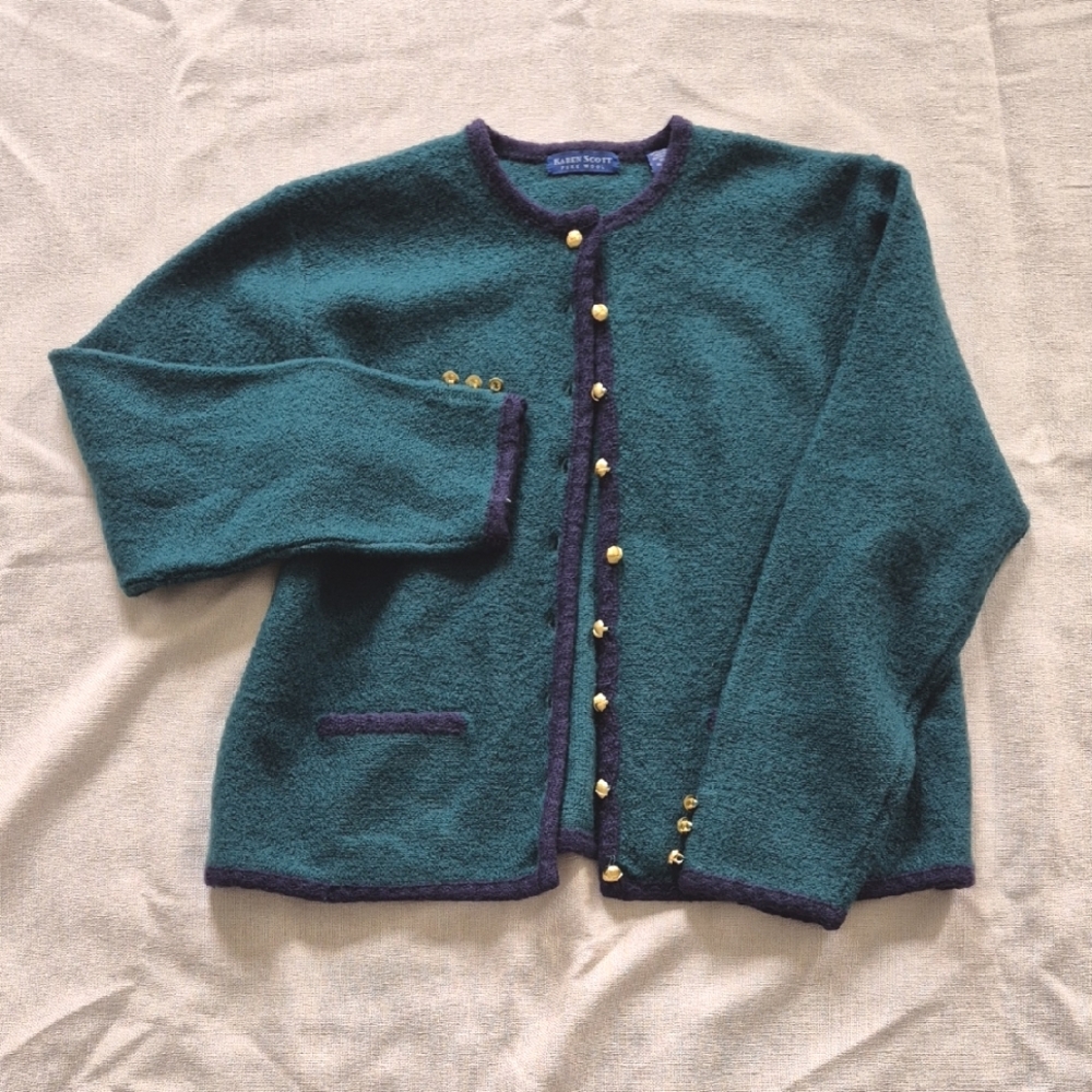 Karen Scott Green And Navy Classy Wool Cardigan with Navy Trim Gold Buttons